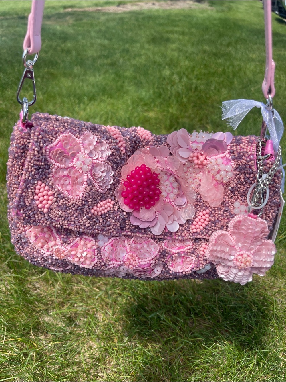 Viral Beaded Bag - Pink Beaded Floral Shoulder Bag - handmade TikTok trend